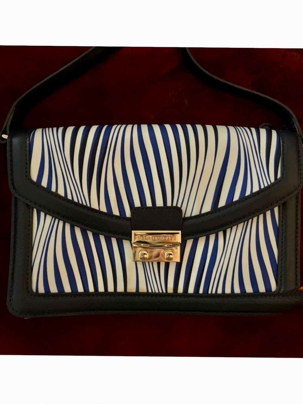 Vera Bradley Blue, White & Black Wave-Print Crossbody with Gold Lock